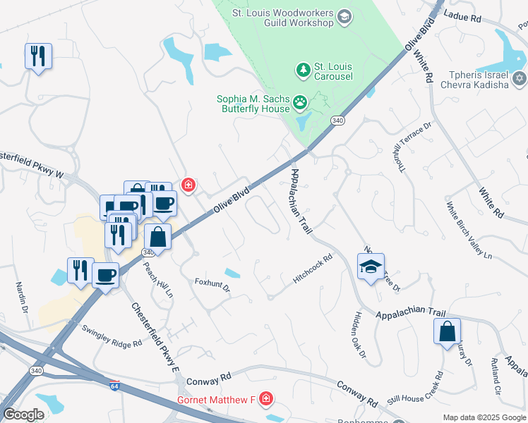 map of restaurants, bars, coffee shops, grocery stores, and more near 997 Chesterfield Villas Circle in Chesterfield