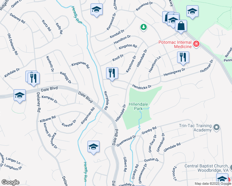 map of restaurants, bars, coffee shops, grocery stores, and more near 4504 Kelso Court in Woodbridge
