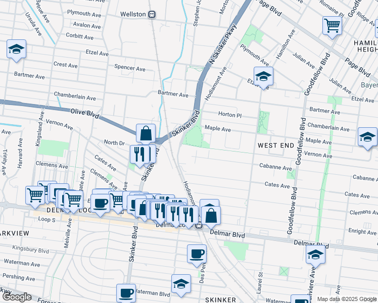 map of restaurants, bars, coffee shops, grocery stores, and more near 6084 West Cabanne Place in St. Louis