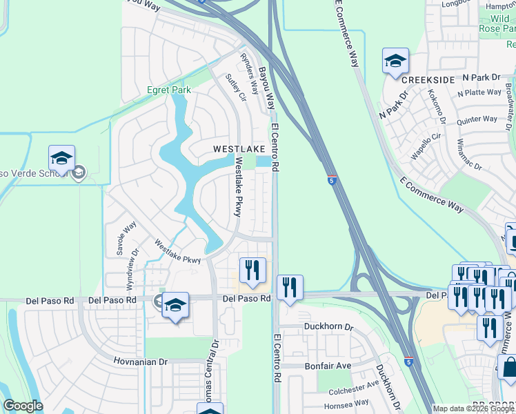 map of restaurants, bars, coffee shops, grocery stores, and more near 4981 Trouville Lane in Sacramento