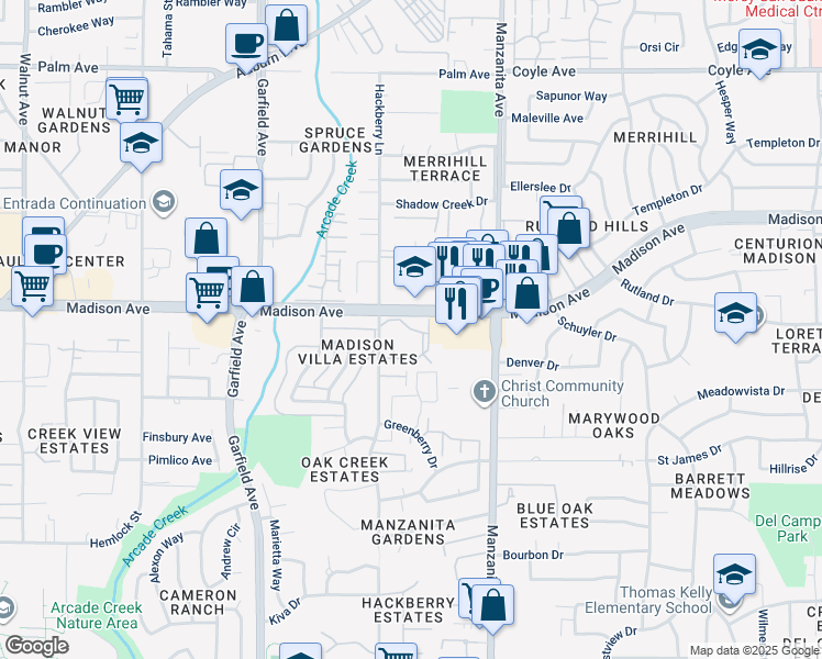 map of restaurants, bars, coffee shops, grocery stores, and more near 5737 Callie Lane in Sacramento