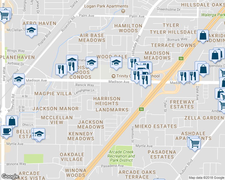 map of restaurants, bars, coffee shops, grocery stores, and more near 5103 Hoover Street in North Highlands