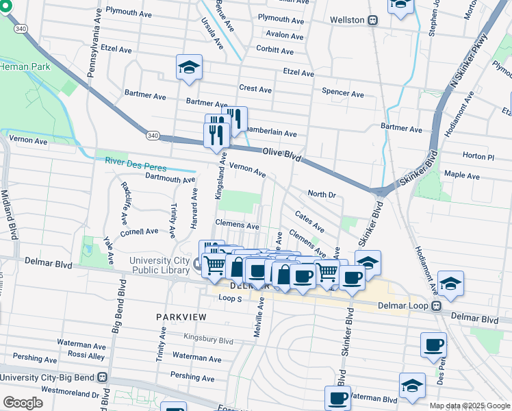 map of restaurants, bars, coffee shops, grocery stores, and more near 6609 Clemens Avenue in University City