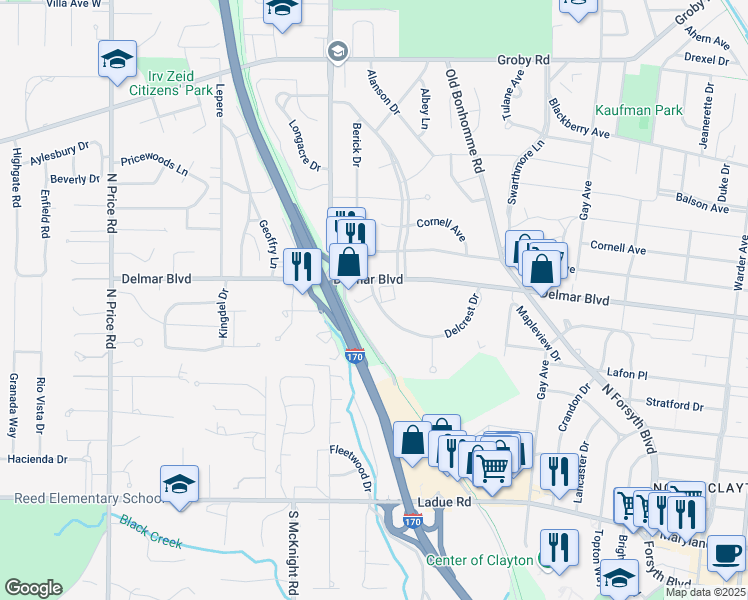 map of restaurants, bars, coffee shops, grocery stores, and more near 8350 Delcrest Drive in St. Louis