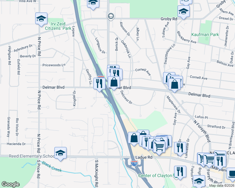 map of restaurants, bars, coffee shops, grocery stores, and more near 8350 Delcrest Drive in St. Louis