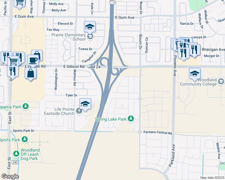 map of restaurants, bars, coffee shops, grocery stores, and more near 1401 Peterson Place in Woodland