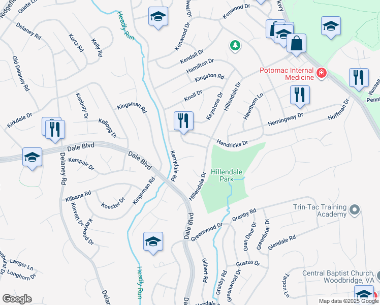 map of restaurants, bars, coffee shops, grocery stores, and more near 4504 Kelso Court in Woodbridge