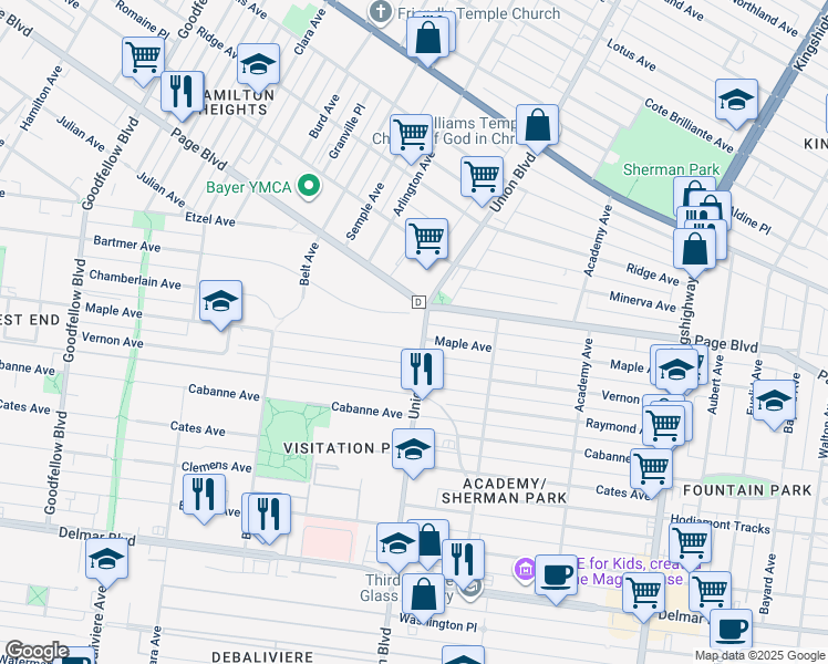 map of restaurants, bars, coffee shops, grocery stores, and more near 5314 Maple Avenue in St. Louis