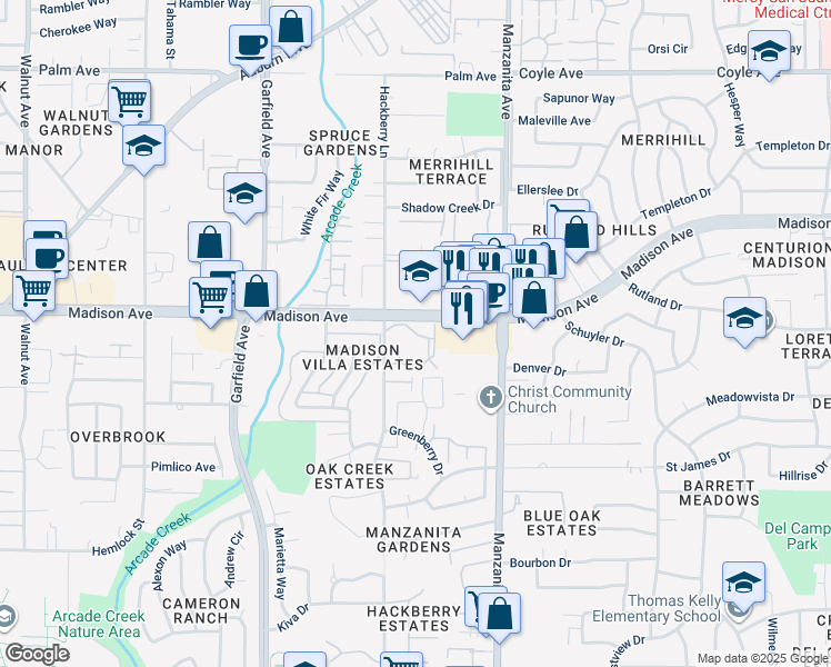 map of restaurants, bars, coffee shops, grocery stores, and more near 5755 Callie Lane in Sacramento