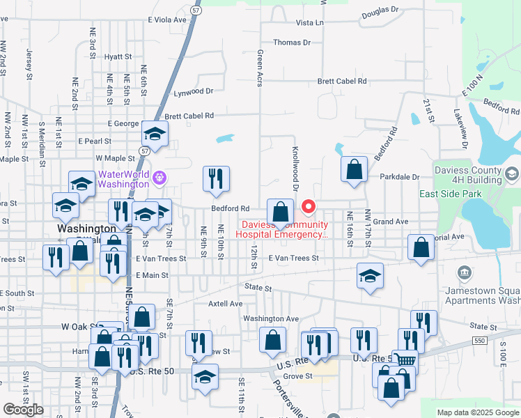 map of restaurants, bars, coffee shops, grocery stores, and more near 1208 Bedford Road in Washington