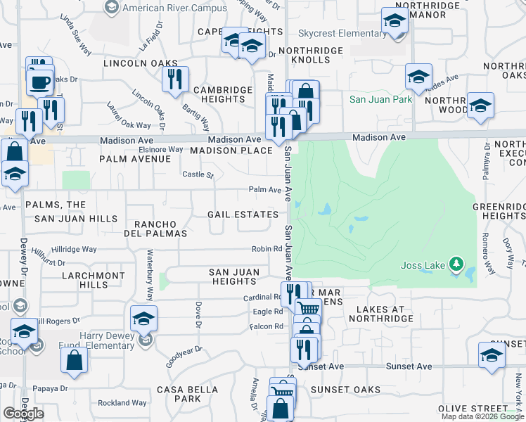 map of restaurants, bars, coffee shops, grocery stores, and more near 7317 Gail Way in Fair Oaks