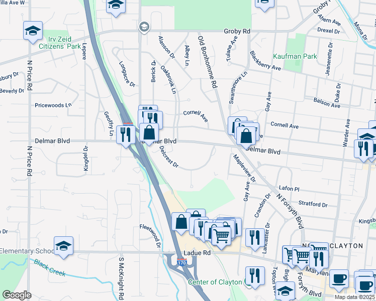 map of restaurants, bars, coffee shops, grocery stores, and more near 8352 Delmar Boulevard in St. Louis