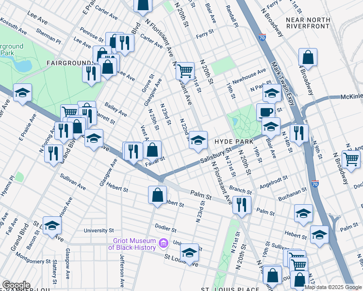 map of restaurants, bars, coffee shops, grocery stores, and more near 2213 Benjamin Street in St. Louis
