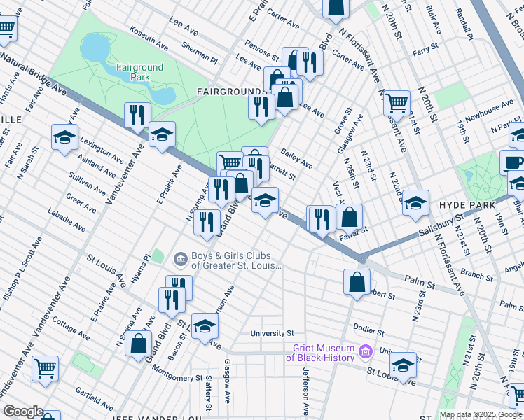 map of restaurants, bars, coffee shops, grocery stores, and more near 3212 Palm Place in St. Louis