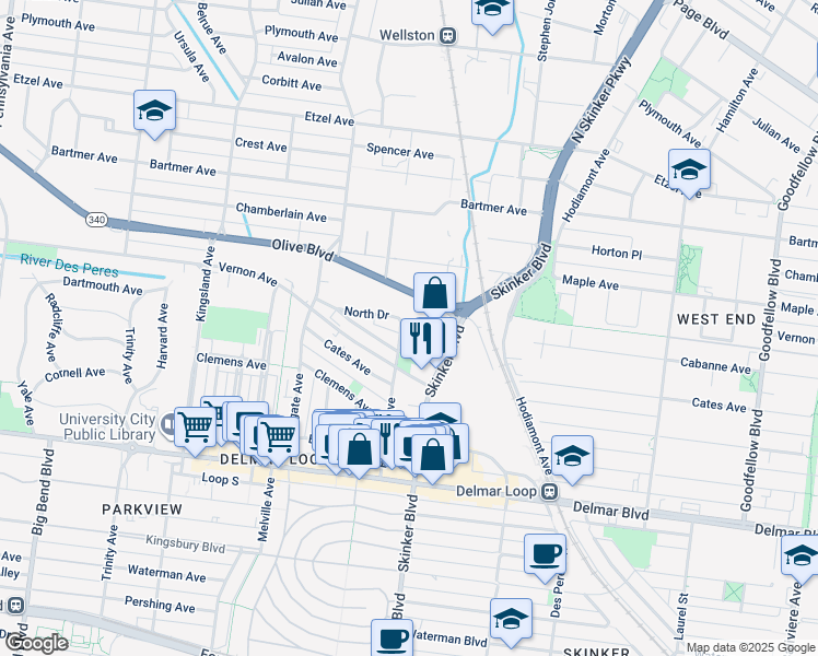 map of restaurants, bars, coffee shops, grocery stores, and more near 840 Eastgate Avenue in University City