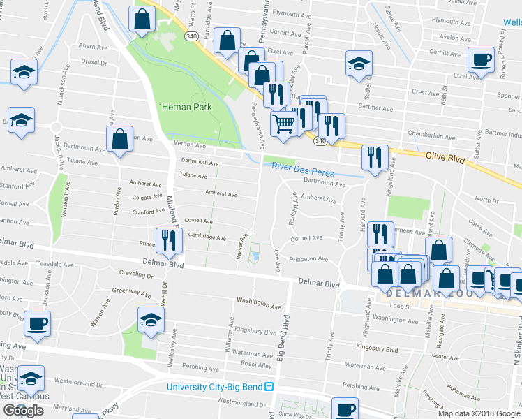 map of restaurants, bars, coffee shops, grocery stores, and more near 7001 Cornell Avenue in University City
