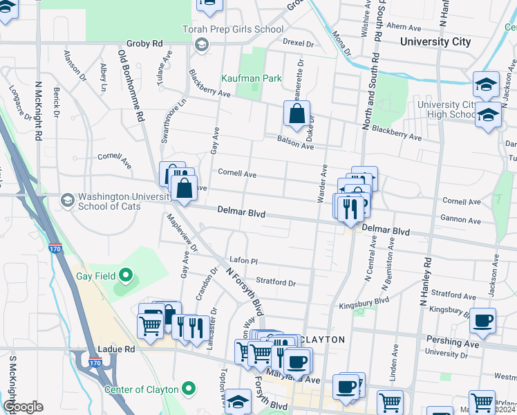 map of restaurants, bars, coffee shops, grocery stores, and more near 7940 Delmar Boulevard in University City