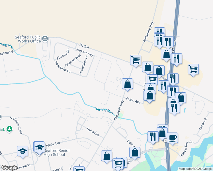 map of restaurants, bars, coffee shops, grocery stores, and more near 502 Health Services Drive in Seaford