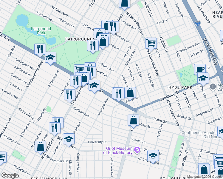 map of restaurants, bars, coffee shops, grocery stores, and more near in St. Louis