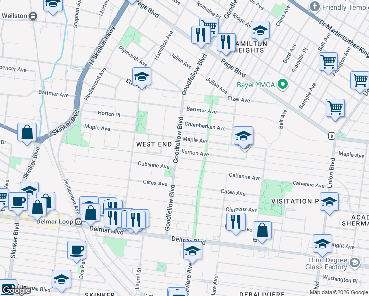 map of restaurants, bars, coffee shops, grocery stores, and more near 5734 Vernon Avenue in St. Louis