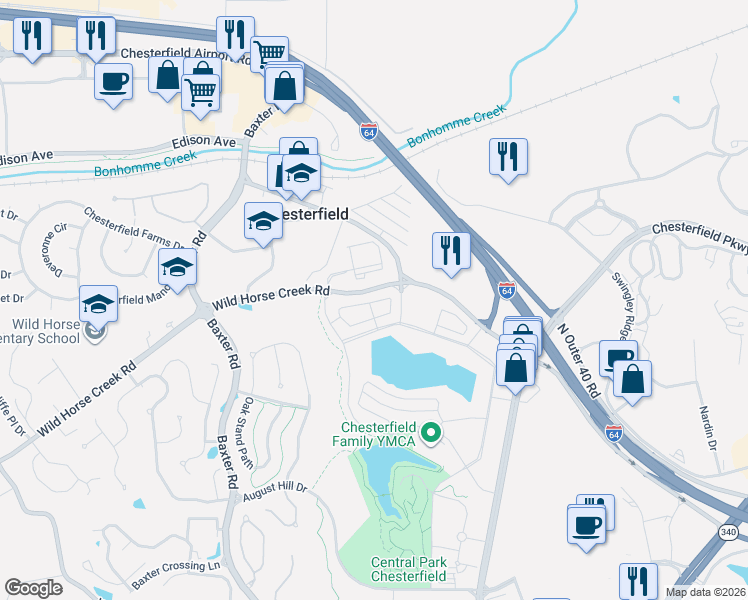 map of restaurants, bars, coffee shops, grocery stores, and more near 16570 Wild Horse Creek Road in Chesterfield
