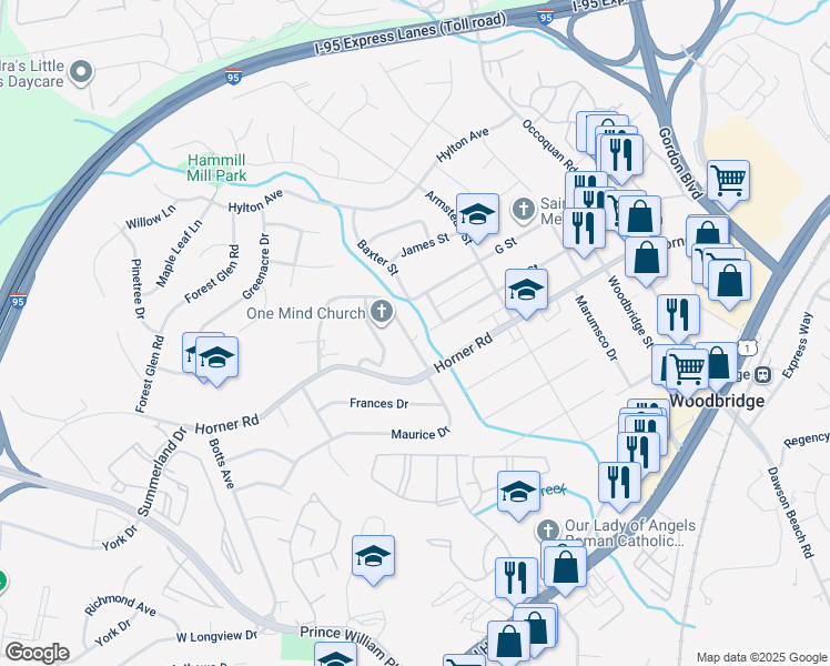 map of restaurants, bars, coffee shops, grocery stores, and more near 13443 Millwood Drive in Woodbridge