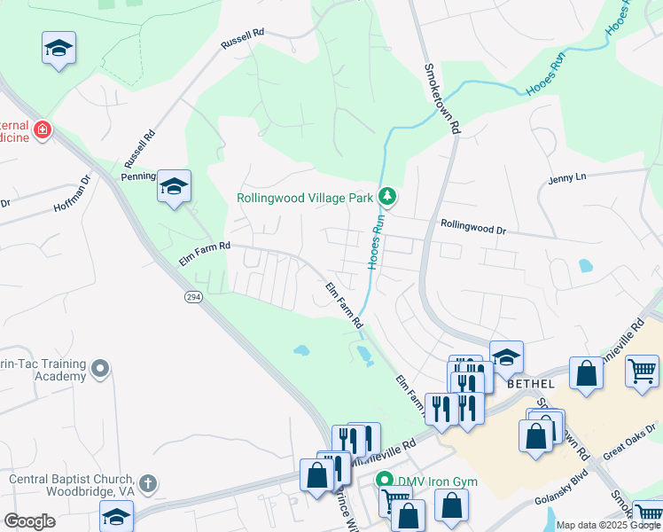 map of restaurants, bars, coffee shops, grocery stores, and more near 3532 Nexus Court in Woodbridge