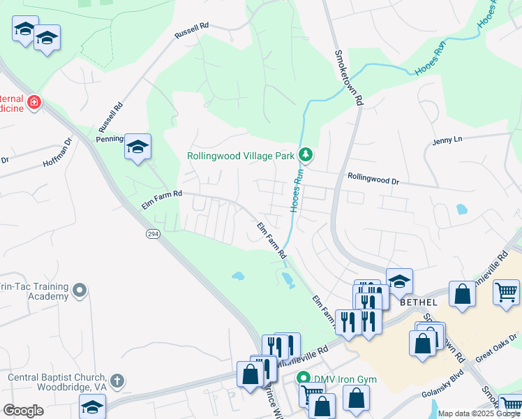 map of restaurants, bars, coffee shops, grocery stores, and more near 3532 Nexus Court in Woodbridge