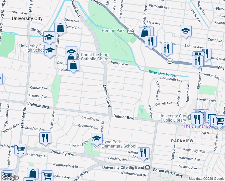 map of restaurants, bars, coffee shops, grocery stores, and more near 7200 Cornell Avenue in University City