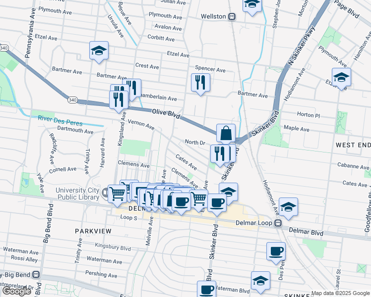 map of restaurants, bars, coffee shops, grocery stores, and more near 6314 Cabanne Ave in St Louis