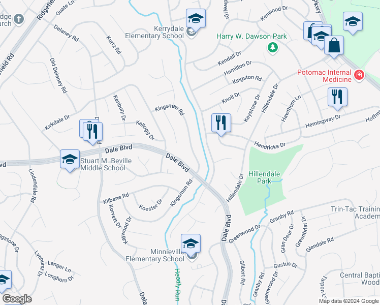 map of restaurants, bars, coffee shops, grocery stores, and more near 13504 Kingsman Road in Woodbridge