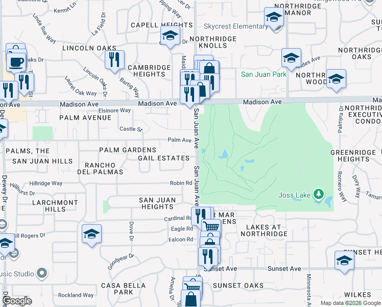 map of restaurants, bars, coffee shops, grocery stores, and more near 7330 Palm Avenue in Fair Oaks