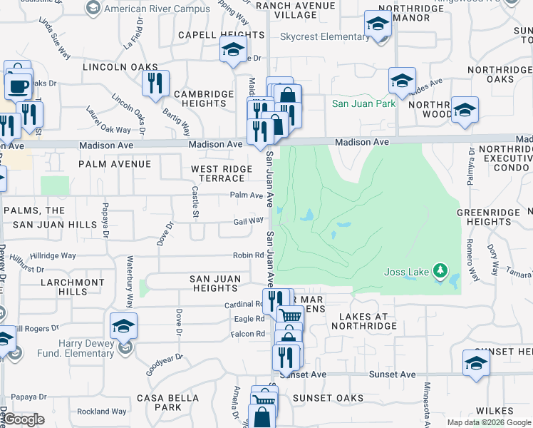 map of restaurants, bars, coffee shops, grocery stores, and more near 7330 Palm Avenue in Fair Oaks