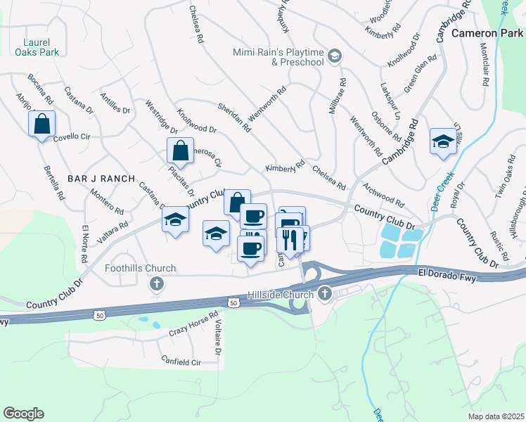 map of restaurants, bars, coffee shops, grocery stores, and more near 2277 Knollwood Drive in Cameron Park