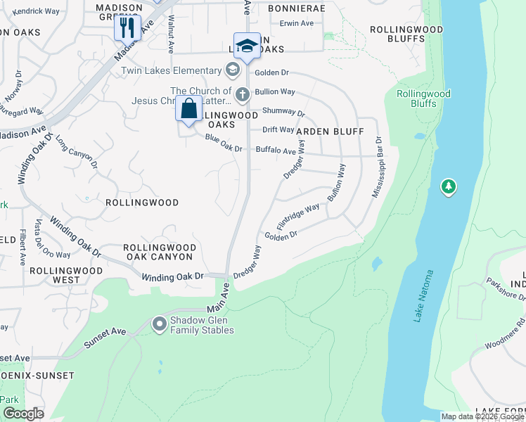 map of restaurants, bars, coffee shops, grocery stores, and more near 5227 Dredger Way in Orangevale