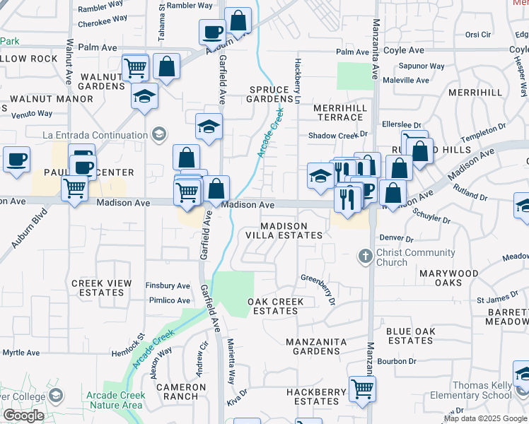 map of restaurants, bars, coffee shops, grocery stores, and more near 5205 Shereen Court in Sacramento