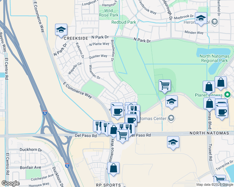 map of restaurants, bars, coffee shops, grocery stores, and more near 1614 Broadwater Drive in Sacramento