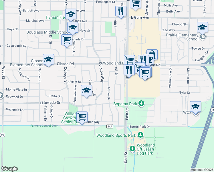 map of restaurants, bars, coffee shops, grocery stores, and more near 815 Placer Drive in Woodland