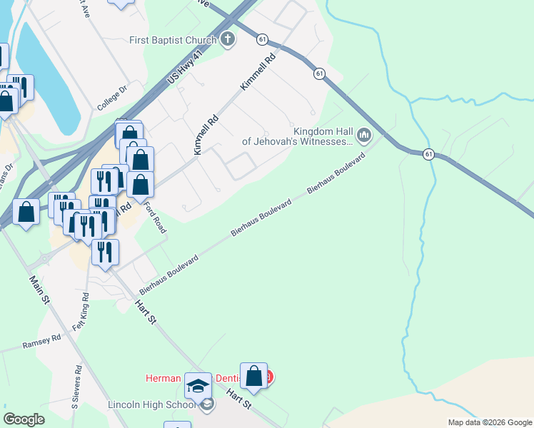 map of restaurants, bars, coffee shops, grocery stores, and more near 11 Buckridge Drive in Vincennes