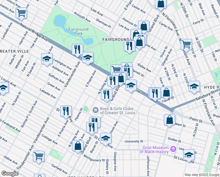 map of restaurants, bars, coffee shops, grocery stores, and more near 3637 Palm Street in St. Louis