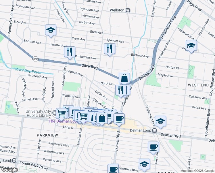 map of restaurants, bars, coffee shops, grocery stores, and more near 6301 North Drive in University City