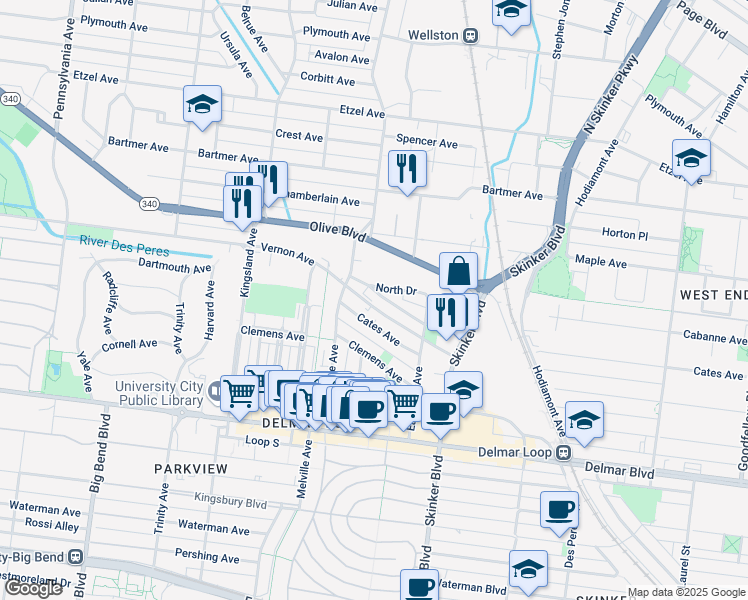 map of restaurants, bars, coffee shops, grocery stores, and more near 6401 North Drive in University City