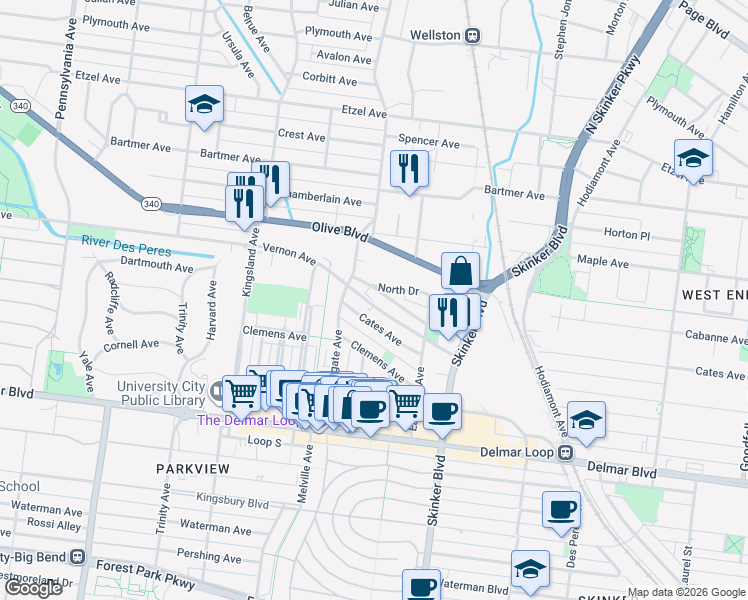 map of restaurants, bars, coffee shops, grocery stores, and more near 6401 North Drive in University City