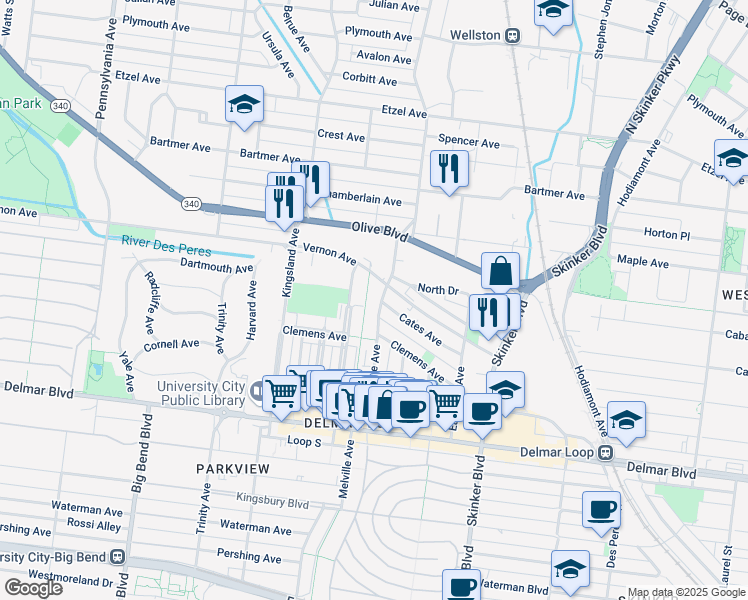 map of restaurants, bars, coffee shops, grocery stores, and more near 894 Leland Avenue in University City