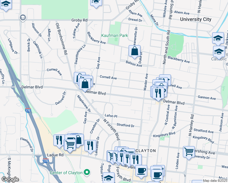 map of restaurants, bars, coffee shops, grocery stores, and more near 7933 Gannon Avenue in University City