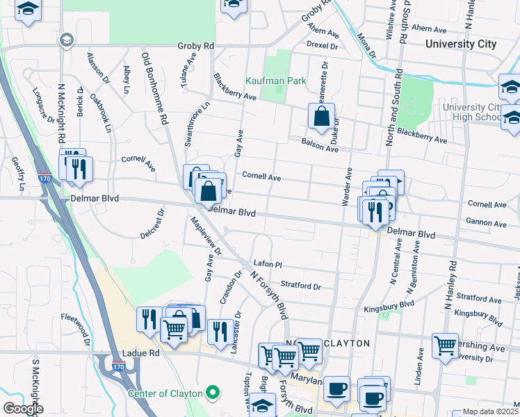 map of restaurants, bars, coffee shops, grocery stores, and more near 8015 Gannon Avenue in University City