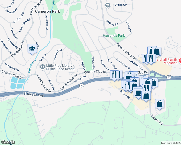 map of restaurants, bars, coffee shops, grocery stores, and more near 3154 Country Club Drive in Cameron Park