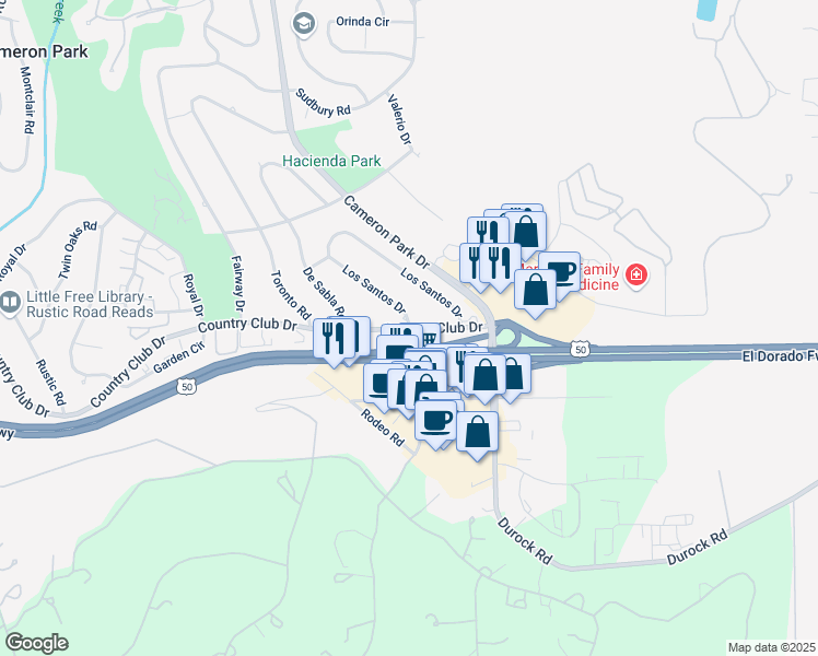 map of restaurants, bars, coffee shops, grocery stores, and more near Country Club Drive & Los Santos Drive in Shingle Springs