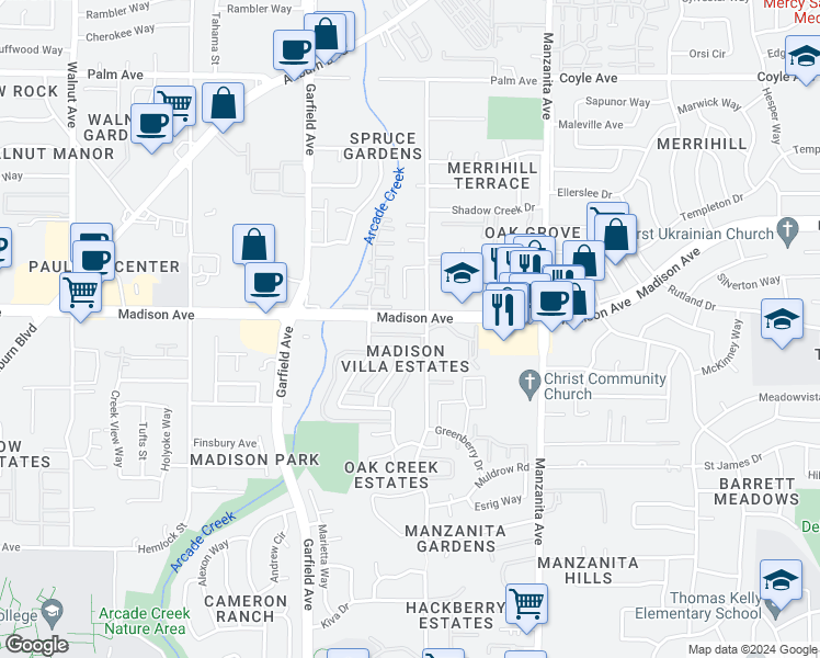 map of restaurants, bars, coffee shops, grocery stores, and more near 5636 Madison Avenue in Sacramento