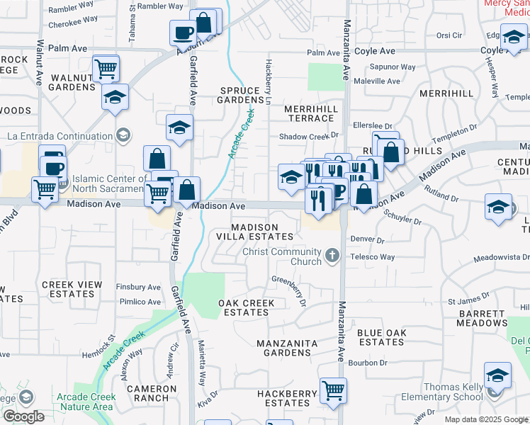 map of restaurants, bars, coffee shops, grocery stores, and more near 5203 Hackberry Lane in Sacramento